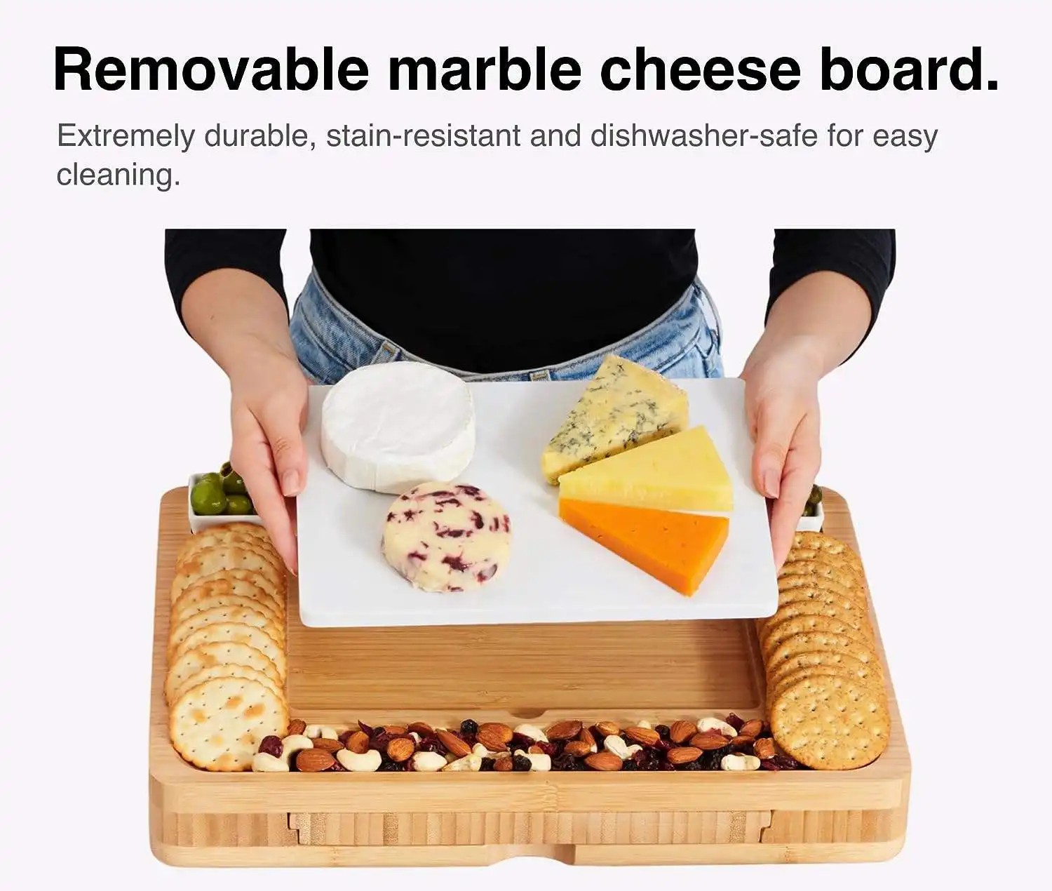 Durable Bamboo Cheese Charcuterie Board Set With Marble Meat Food Plate Gift Set With Slide-Out Drawer Knife