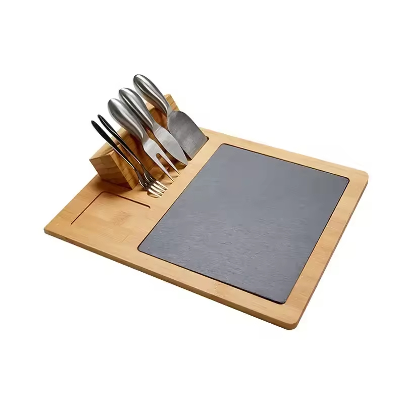 Wholesale Bamboo Cheeseboard and Knife Set Black Slate Serving Tray for Chopping Food Wood Cutting Board