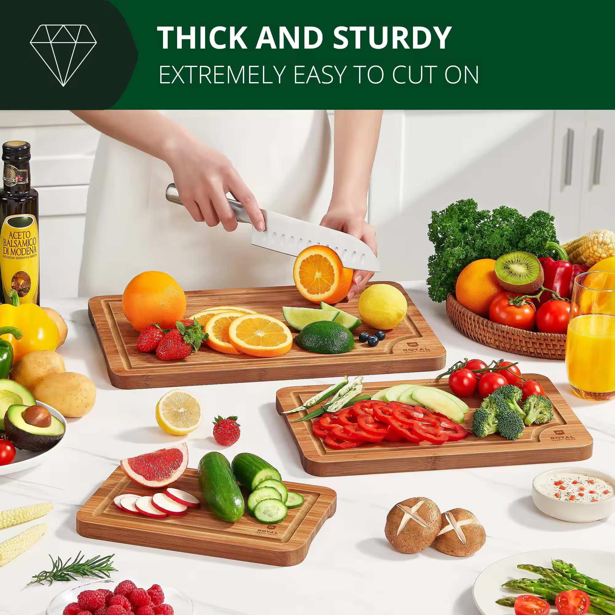 3-Piece Set Deep Carbonized Bamboo Wood Cutting Boards Durable Juice Grooves Large Handle Easy Use Pizza Meat Chopping Kitchen