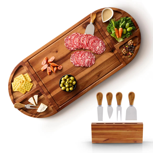 30 Inch Large Acacia Wood Charcuterie Board with 4 Knives Set, Magnetic - 3 Parts Wooden Round Tray for Cheese