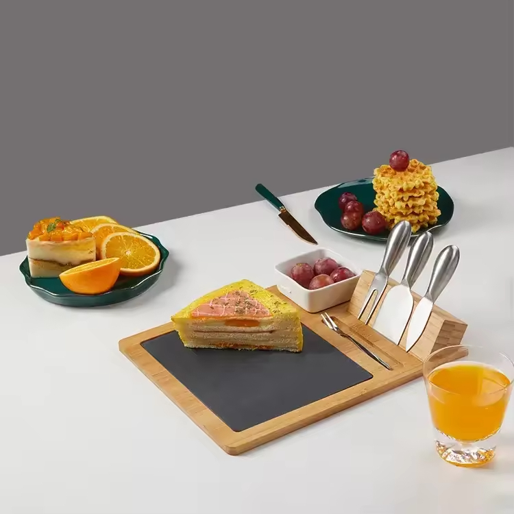 Wholesale Bamboo Cheeseboard and Knife Set Black Slate Serving Tray for Chopping Food Wood Cutting Board