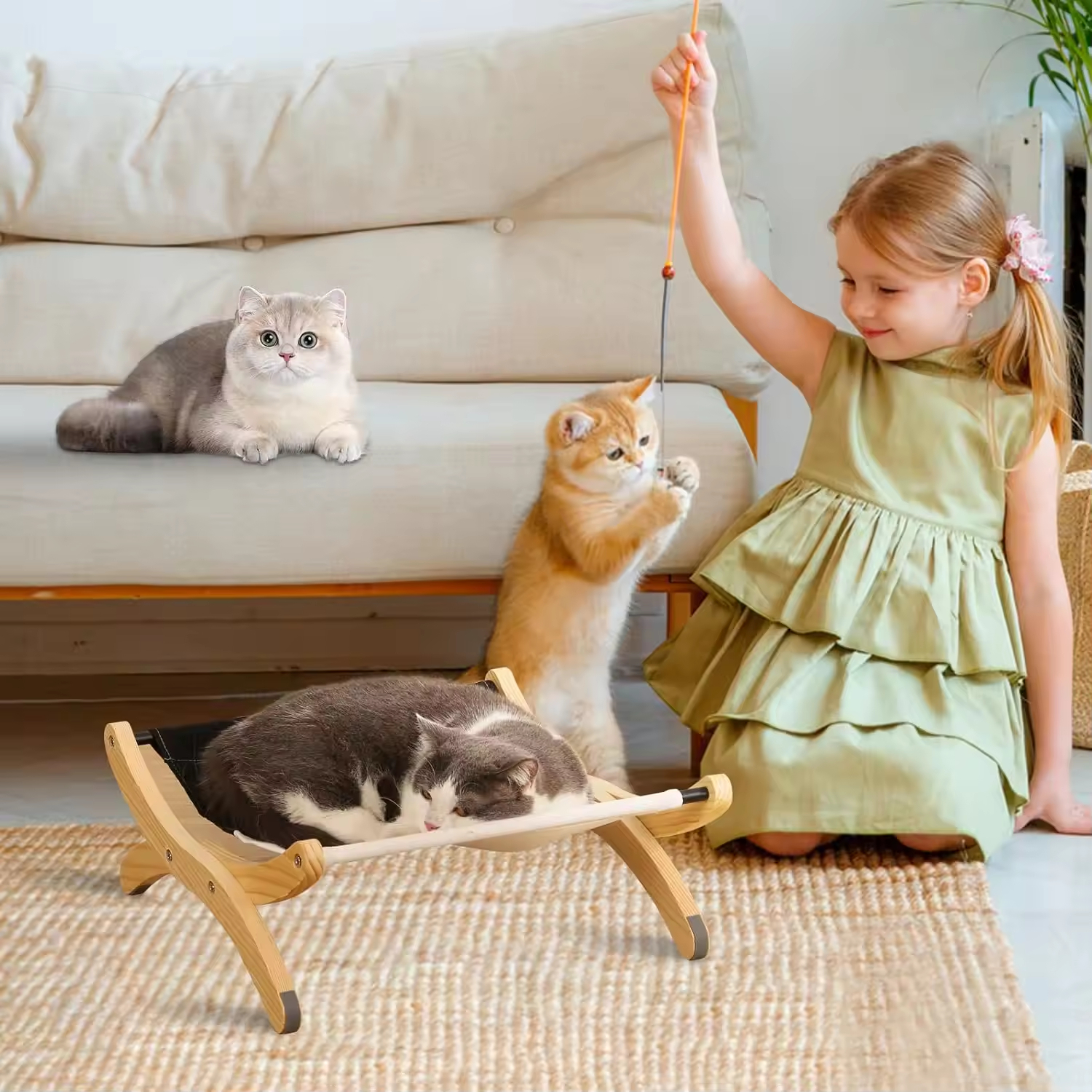 Wooden Frame Modern Cat Hammock Sleeping Bed 