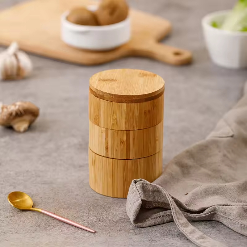 Wooden Seasoning Storage Round Box With Lids 