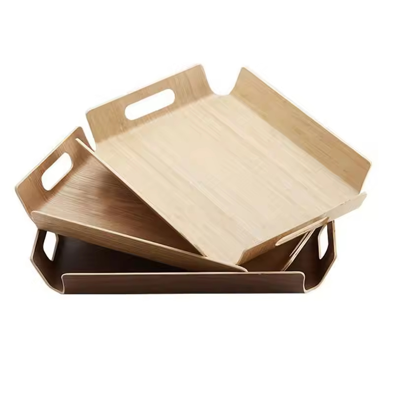 Wholesale Curved Wood Willow Walnut Plywood Tray Wooden Serving Tray With Handle Dinner Plates Bakery Coffee Wooden Tray