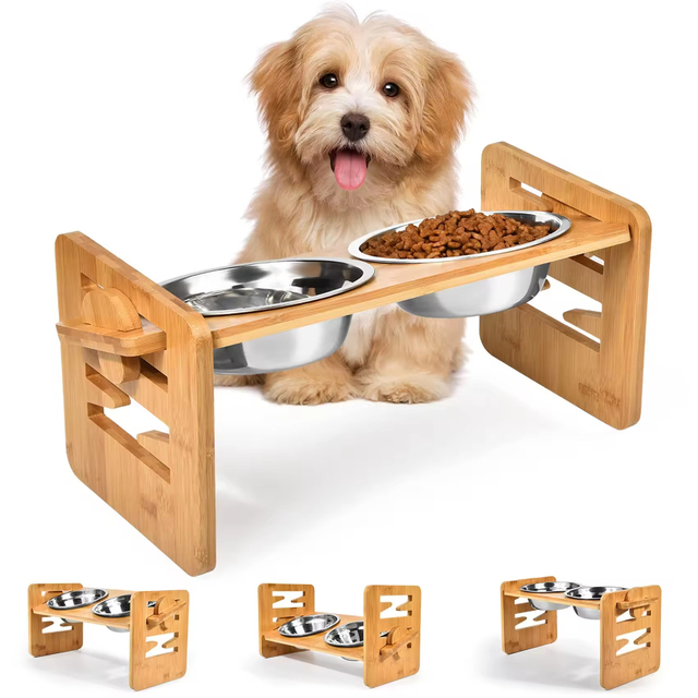Bamboo Pet Bowls Elevated Slanted Feeding Bowl Raised Tilted Dog Bowl