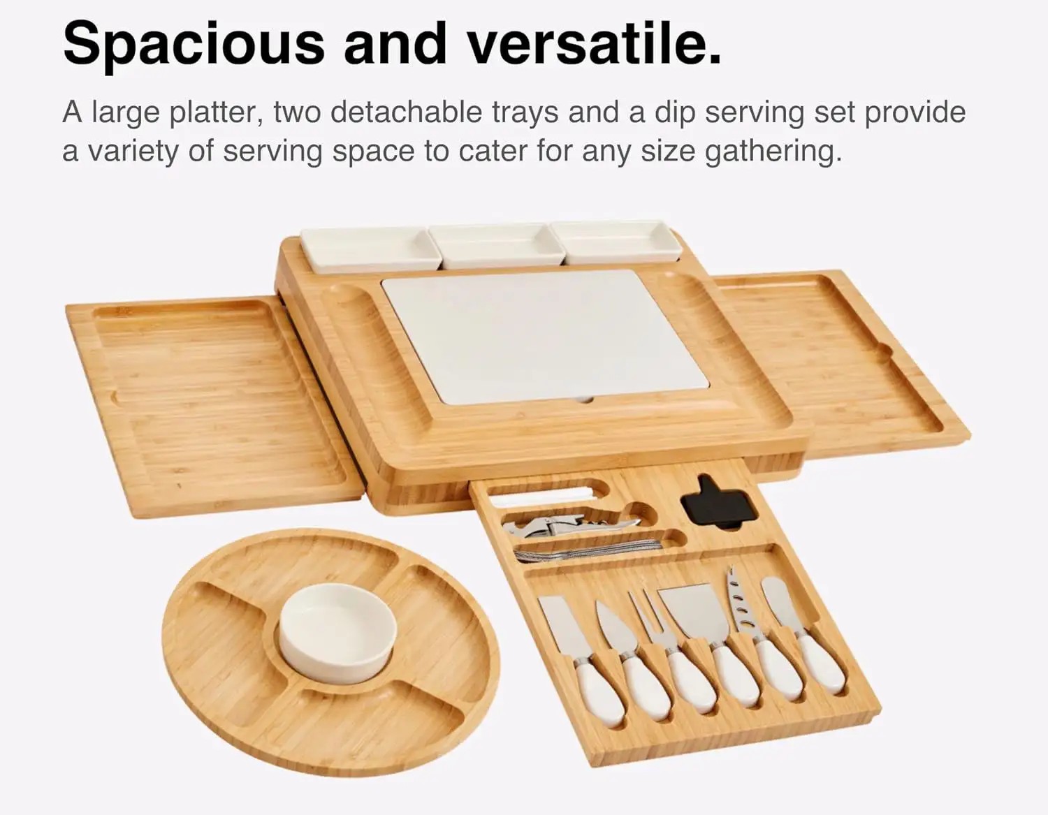 Durable Bamboo Cheese Charcuterie Board Set With Marble Meat Food Plate Gift Set With Slide-Out Drawer Knife