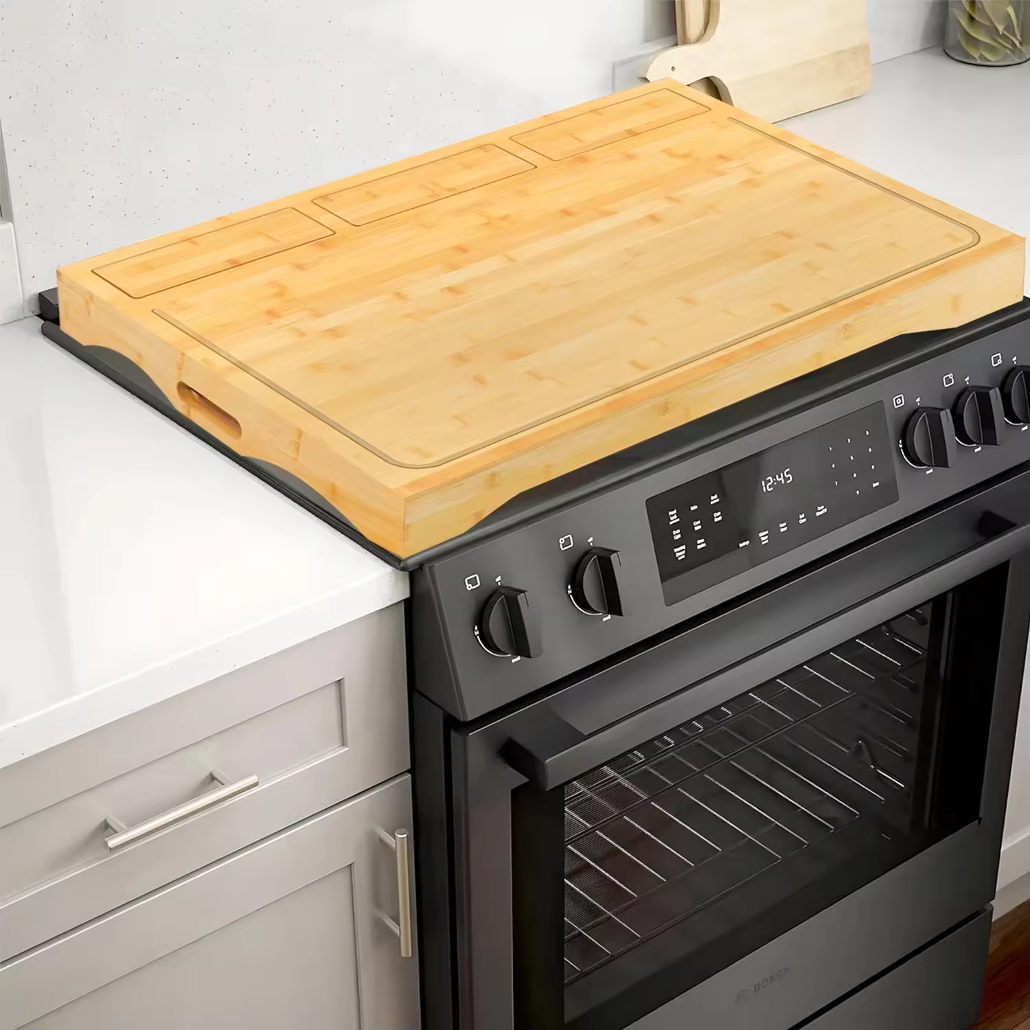 Bamboo Cutting Chopping Board Gas Stove Top Cover Board for Electric, Gas Wood Noodle Board Stove Cover With Handles