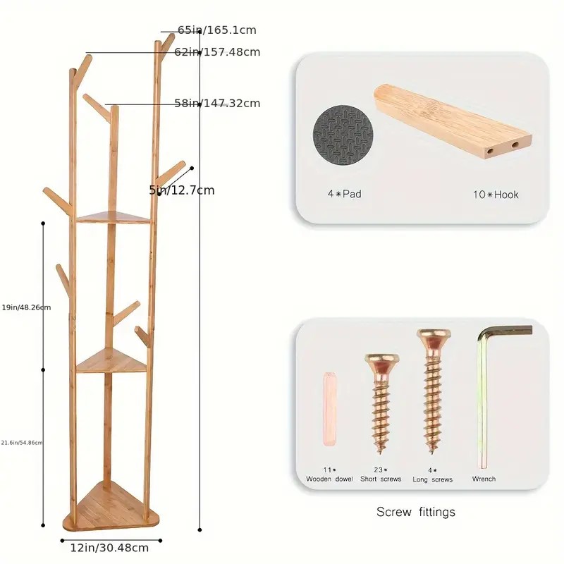 Bamboo Tree-Shaped Coat Rack with Storage Shelves