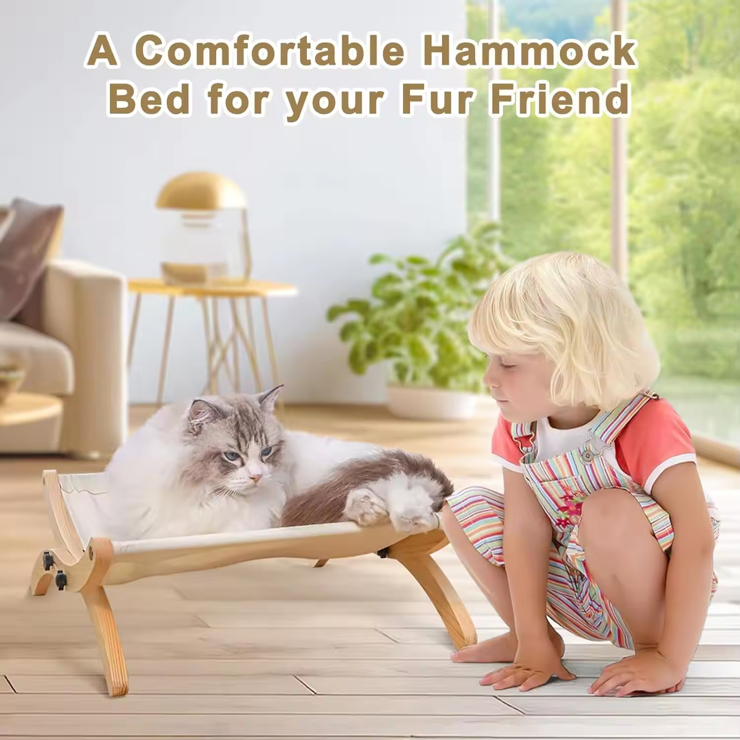 Wooden Frame Modern Cat Hammock Sleeping Bed 