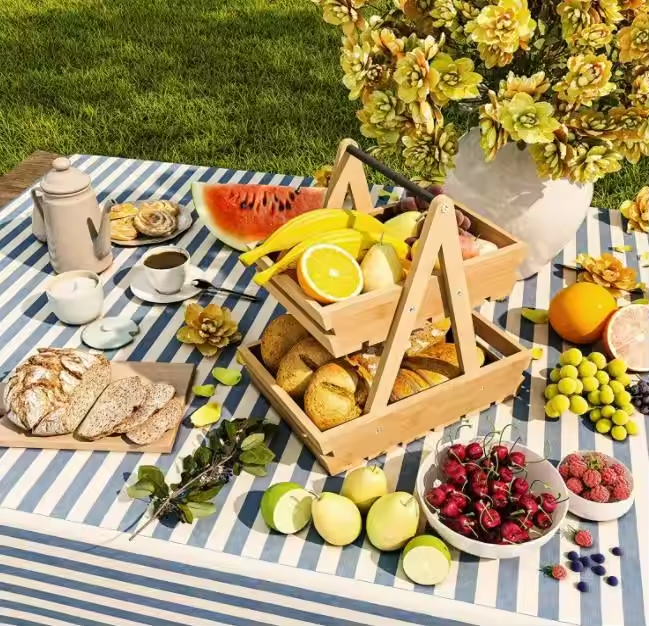 Wood Fruit Basket, Fruit Bowl, 2 Tier Bamboo Fruit Stand for Kitchen Counter Top, Large Capacity Storage Holder