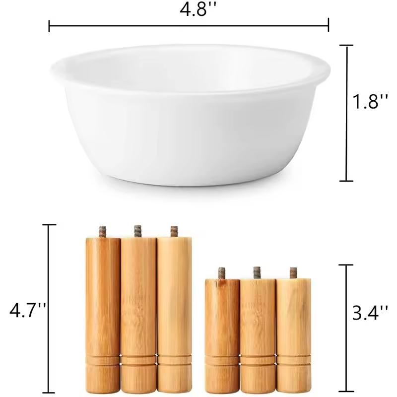 Triple Bowl Raised Stand Bamboo Pets Feeder 