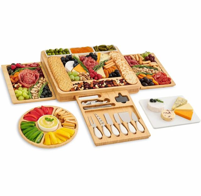 Durable Bamboo Cheese Charcuterie Board Set With Marble Meat Food Plate Gift Set With Slide-Out Drawer Knife
