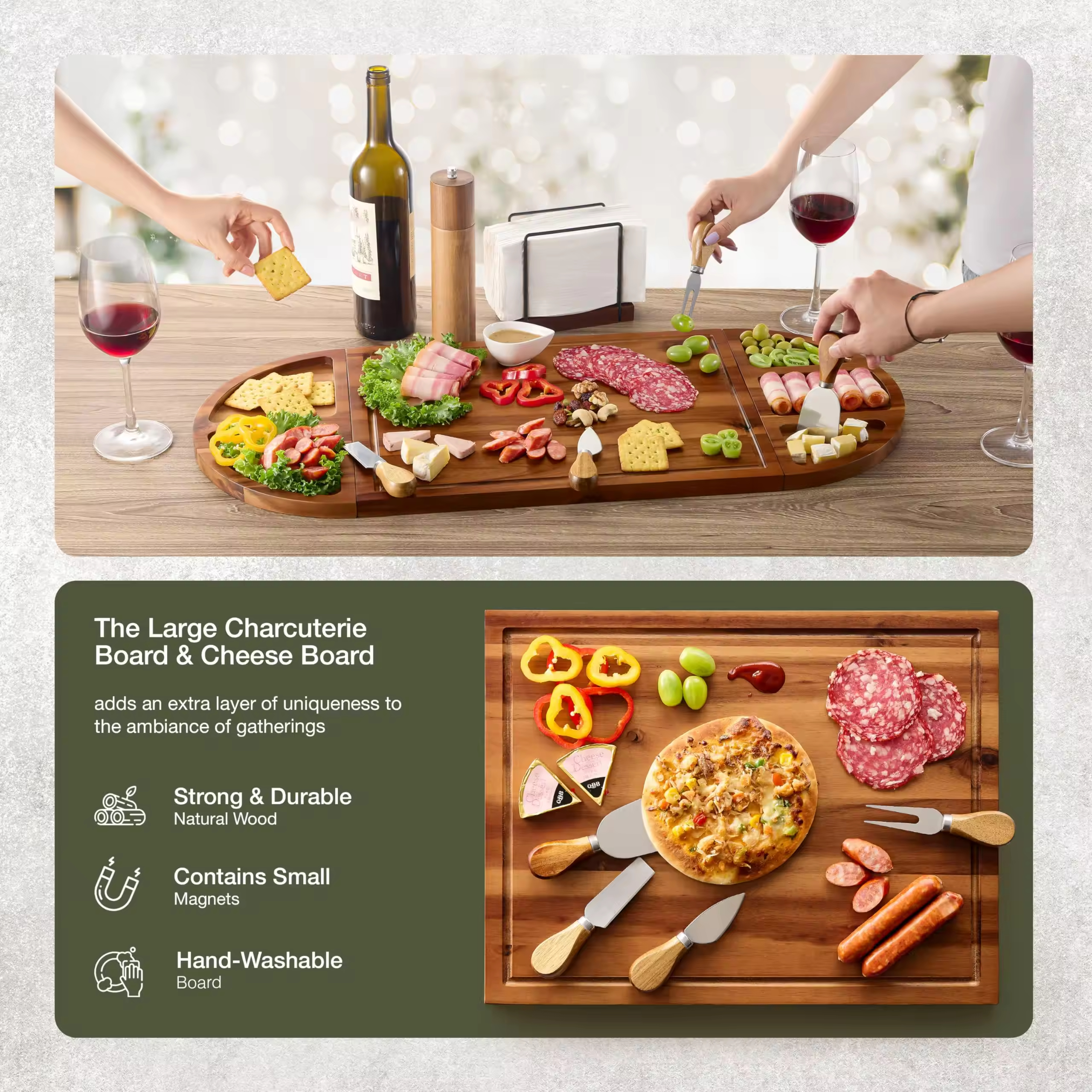 30 Inch Large Acacia Wood Charcuterie Board with 4 Knives Set, Magnetic - 3 Parts Wooden Round Tray for Cheese