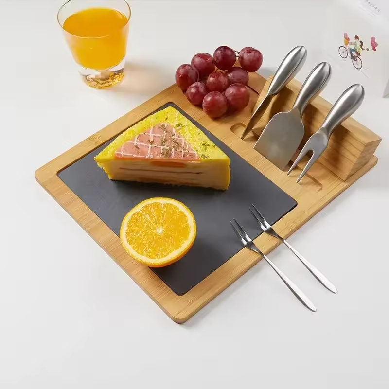 Wholesale Bamboo Cheeseboard and Knife Set Black Slate Serving Tray for Chopping Food Wood Cutting Board