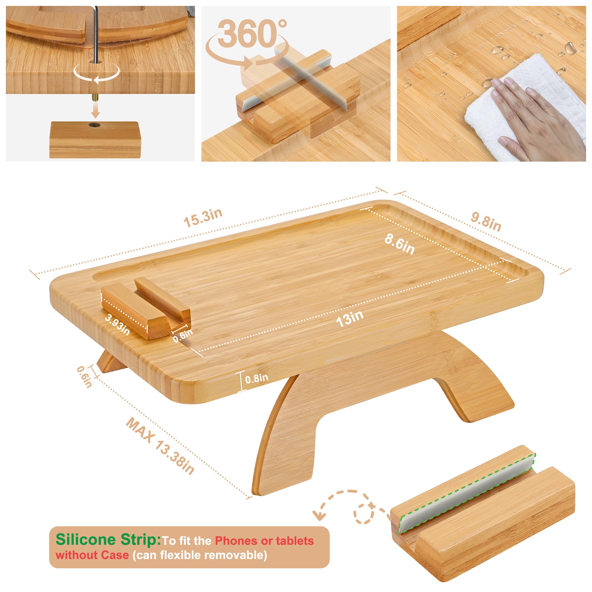 Natural Bamboo Couch Tray with Flexible Silicone Strip