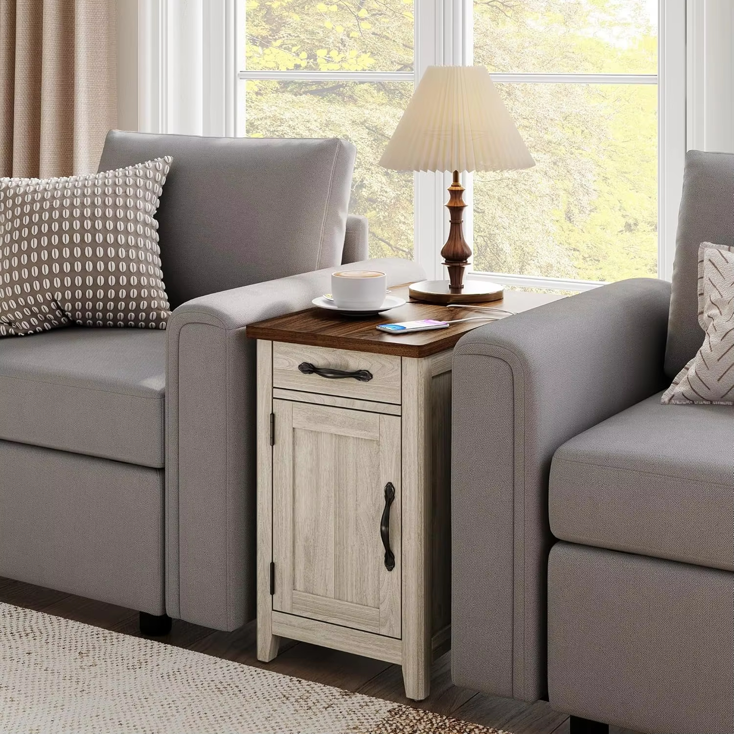 Nightstand with Charging Station Narrow Bedside Table