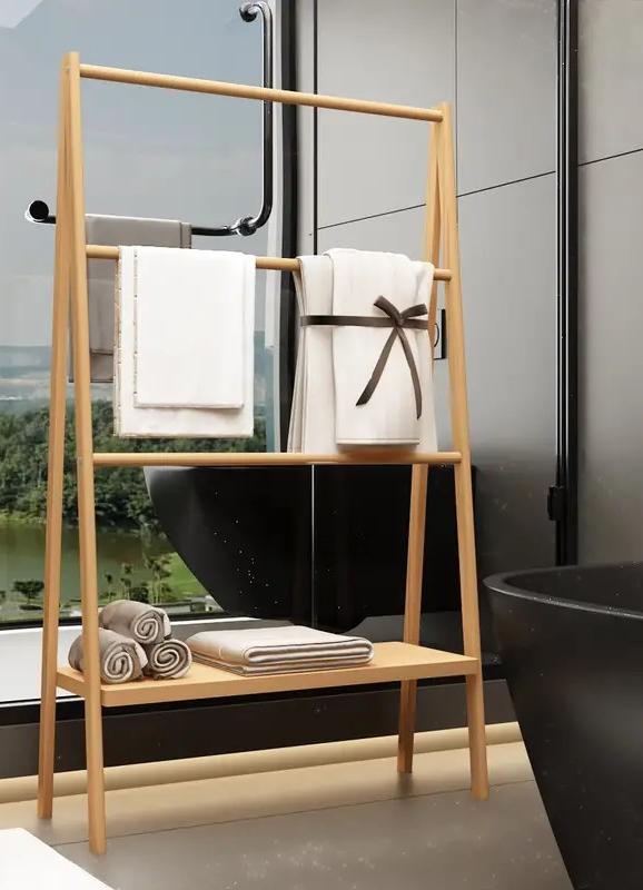 HOMEFISH Bamboo Ladder Towel Rack with Storage Shelf