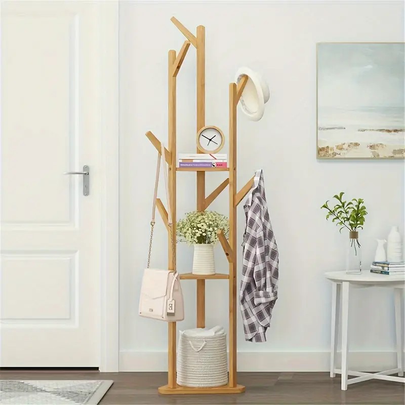 Bamboo Tree-Shaped Coat Rack with Storage Shelves