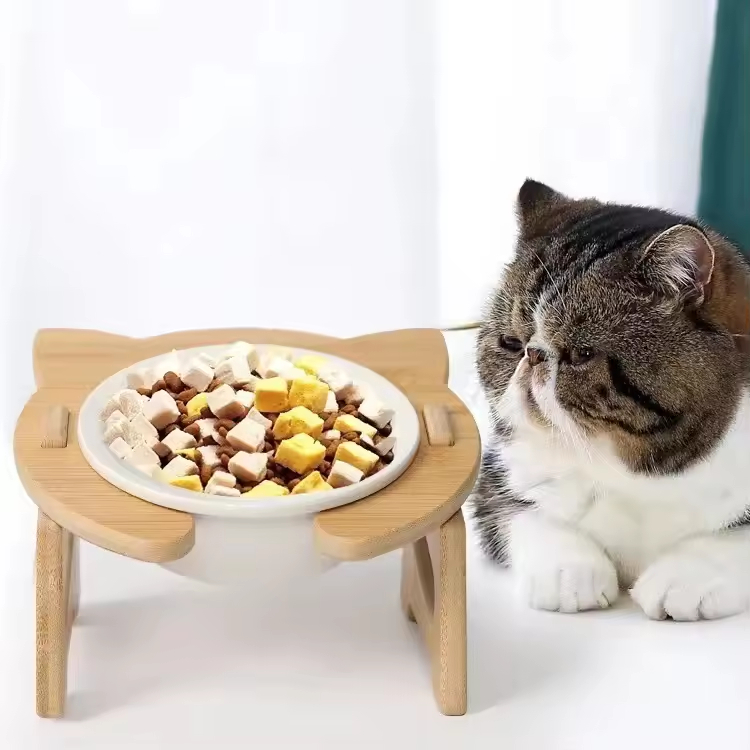 Pet Bowls Cat Dog Bowl Slow Feeder Bamboo Stand Elevated Pet Feeder