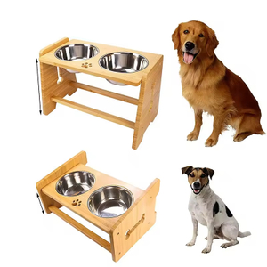 Bamboo Double Cat Food Bowl Dog Bowl Raised Stand Elevated Dog Feeder for Dogs and Cats Animal Feeders