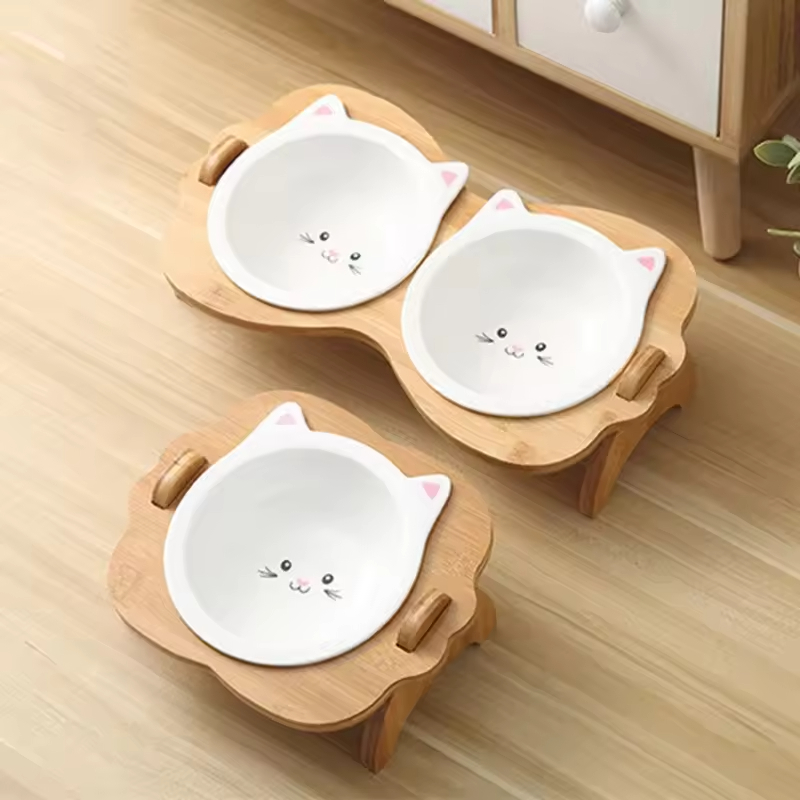 Bamboo Cat Food Bowls Stand Elevated Feeder for Small Dogs and Cats Animal Feeders