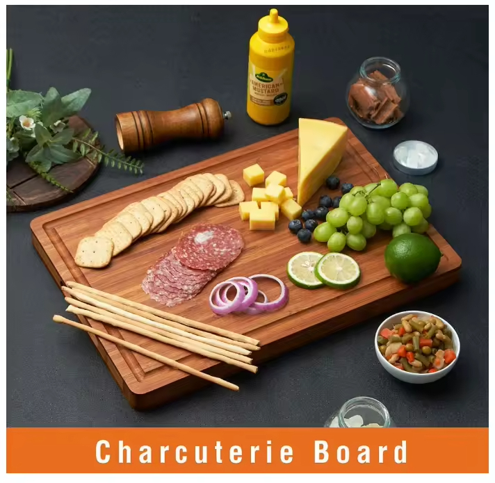 Organic Large Bamboo Cutting Board for Meat Kitchen Cheese Charcuterie Chopping Block Board with Side Handles and Juice Grooves
