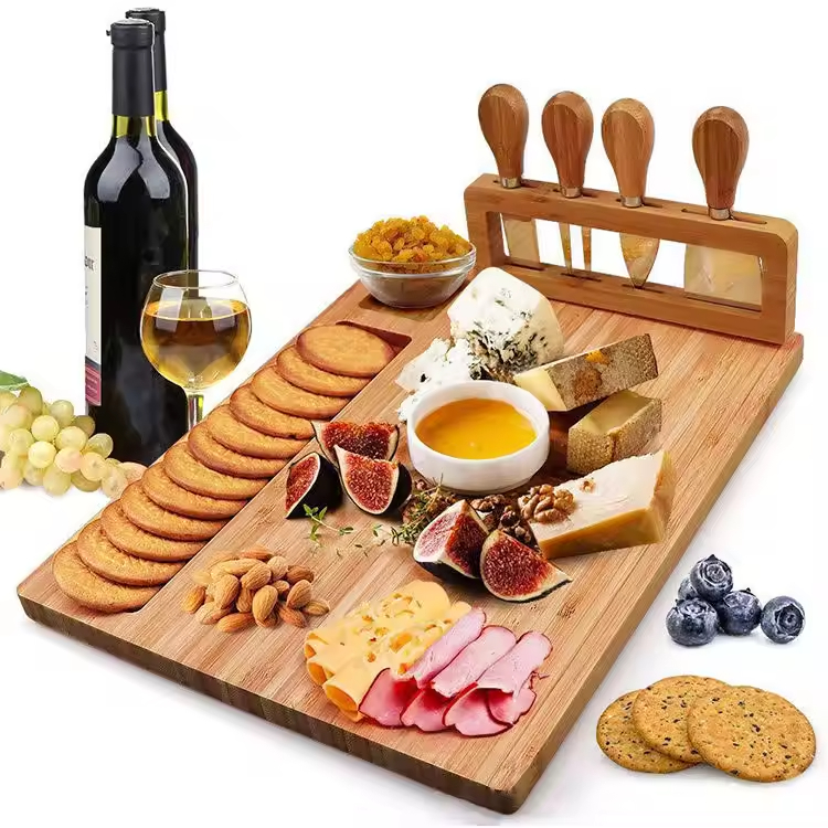 Wholesale Custom Logo Wood Bamboo Charcuterie Board Meat Cheese Platter Serving with Cutlery Set