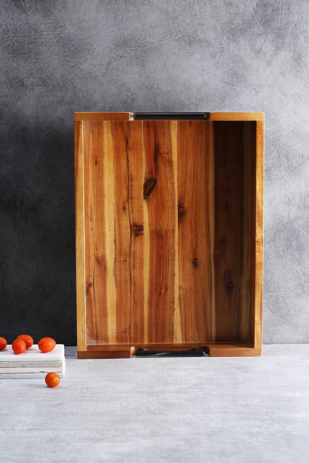 Wood Serving Tray with Black Metal Handles