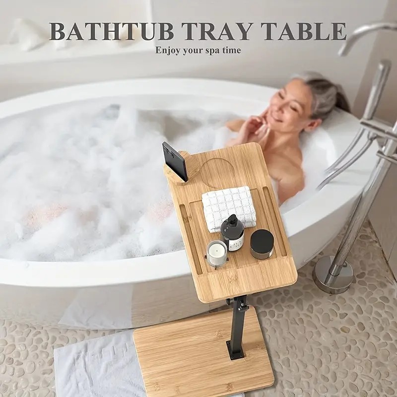  Bamboo Bathtub Tray Table Bath Side Caddy Tray Storage Rack Shelf Adjustable