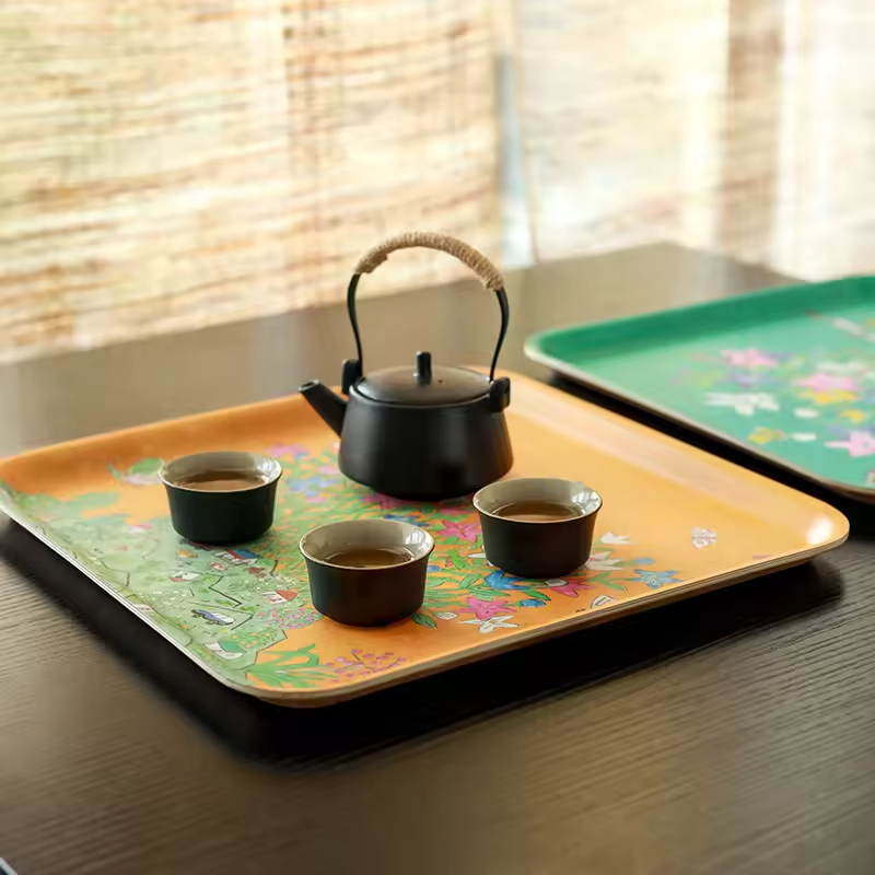 Floral Printing Bent Serving Tray for Dinner Plates Coffee