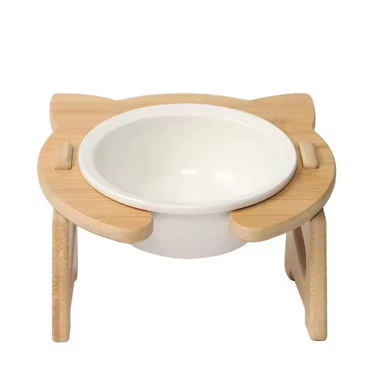 Pet Bowls Cat Dog Bowl Slow Feeder Bamboo Stand Elevated Pet Feeder