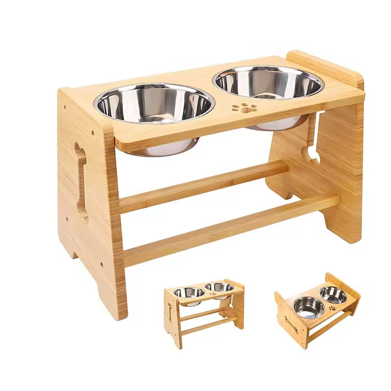 Bamboo Double Cat Food Bowl Dog Bowl Raised Stand Elevated Dog Feeder for Dogs and Cats Animal Feeders