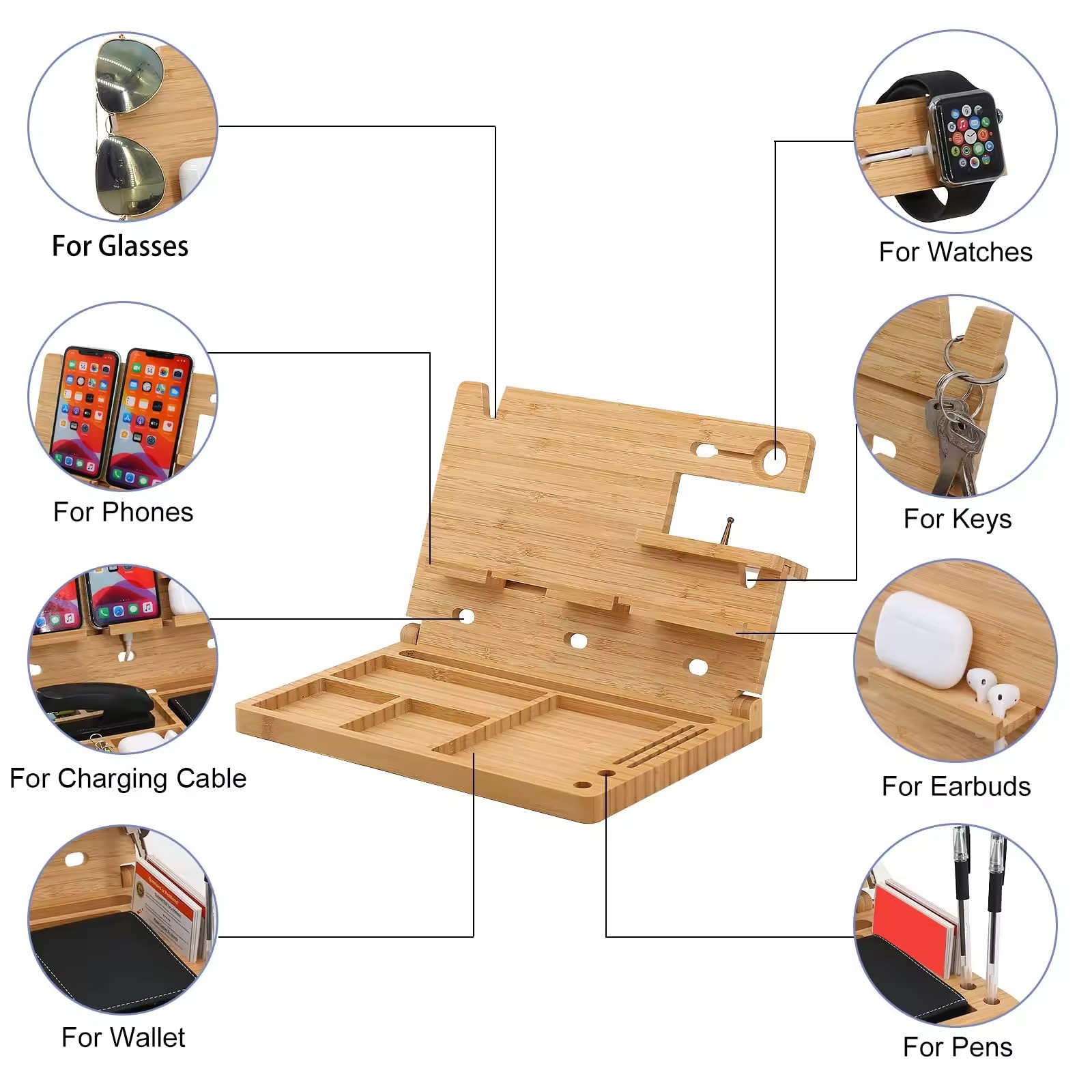 Multifunction Wooden Docking Station Key Holder Watch Organizer Cell Phone Holder