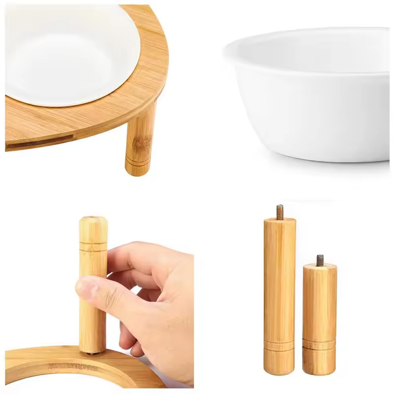 Triple Bowl Raised Stand Bamboo Pets Feeder 