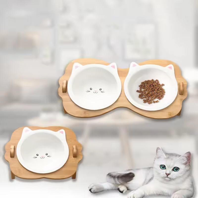 Bamboo Cat Food Bowls Stand Elevated Feeder for Small Dogs and Cats Animal Feeders