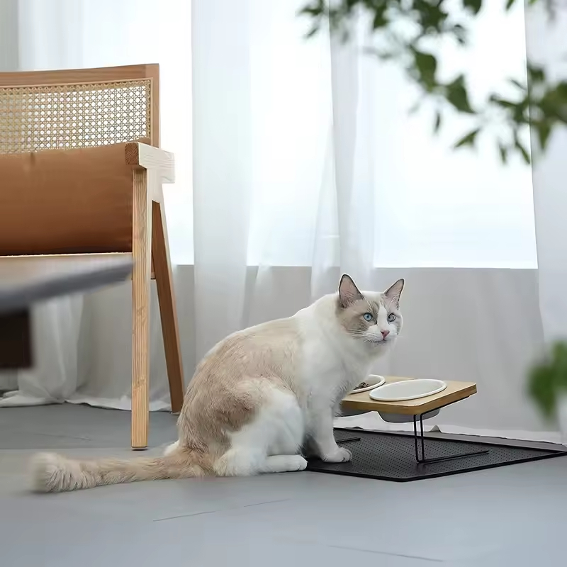 Bamboo Water Stand Feeder Raised Cat Food Bowl 