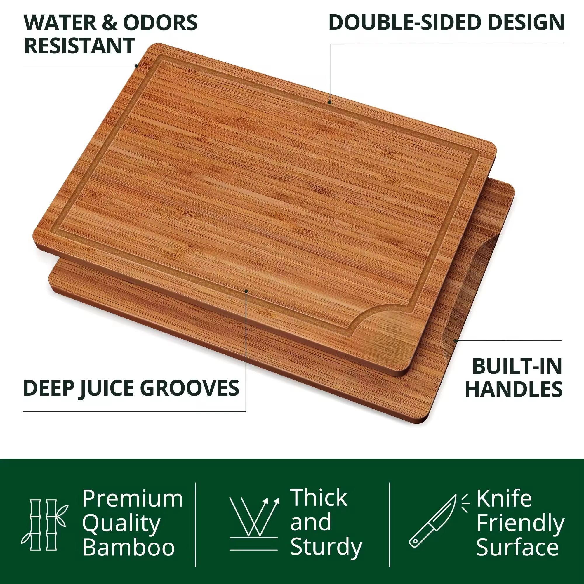 3-Piece Set Deep Carbonized Bamboo Wood Cutting Boards Durable Juice Grooves Large Handle Easy Use Pizza Meat Chopping Kitchen