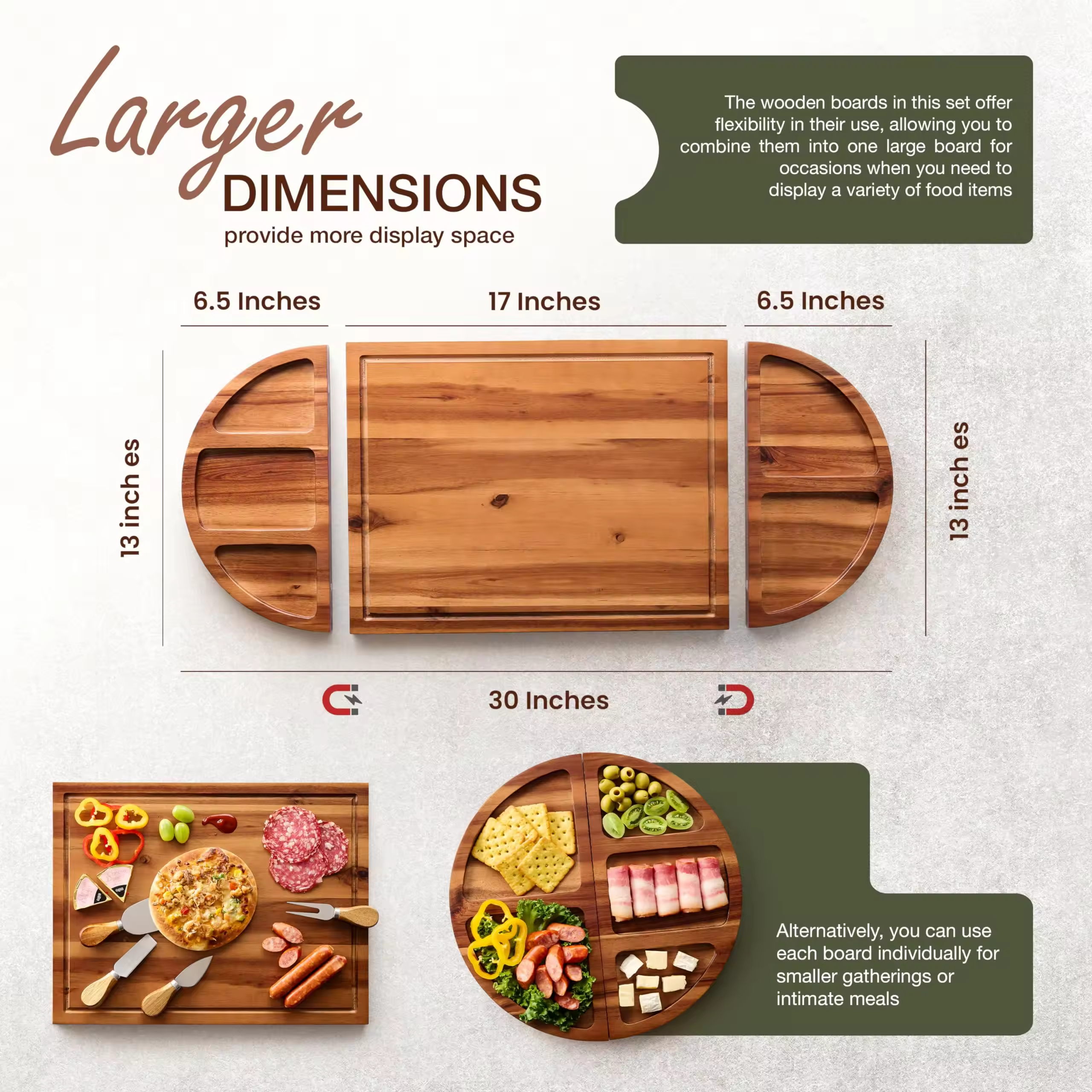 30 Inch Large Acacia Wood Charcuterie Board with 4 Knives Set, Magnetic - 3 Parts Wooden Round Tray for Cheese