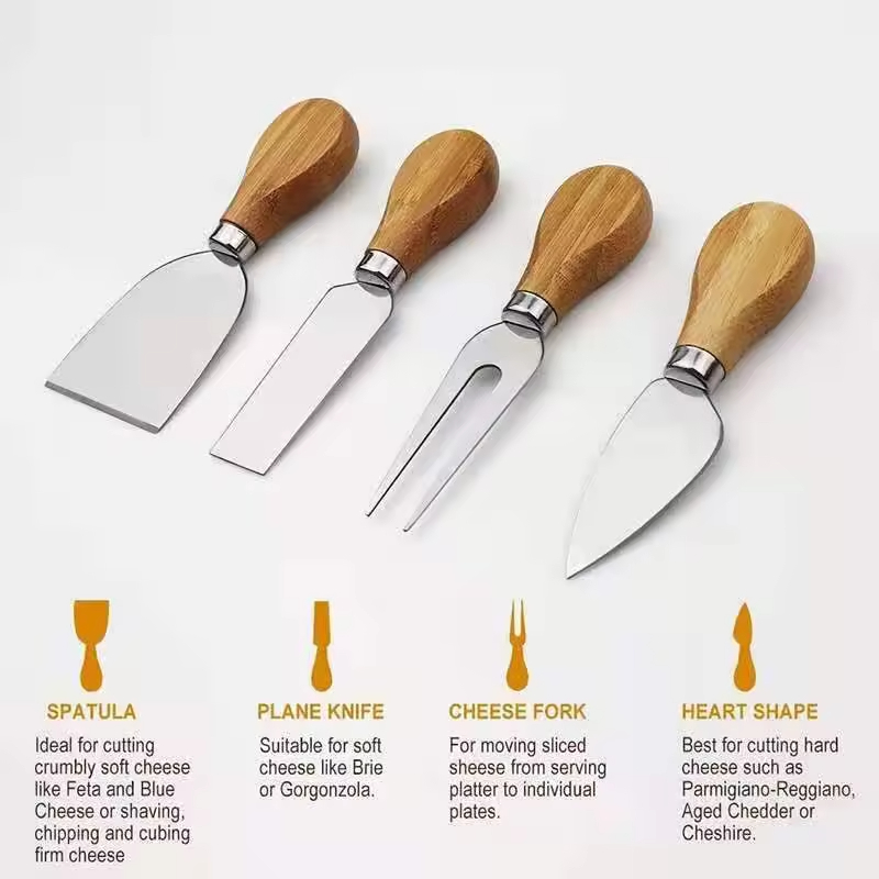 Wholesale Custom Logo Wood Bamboo Charcuterie Board Meat Cheese Platter Serving with Cutlery Set