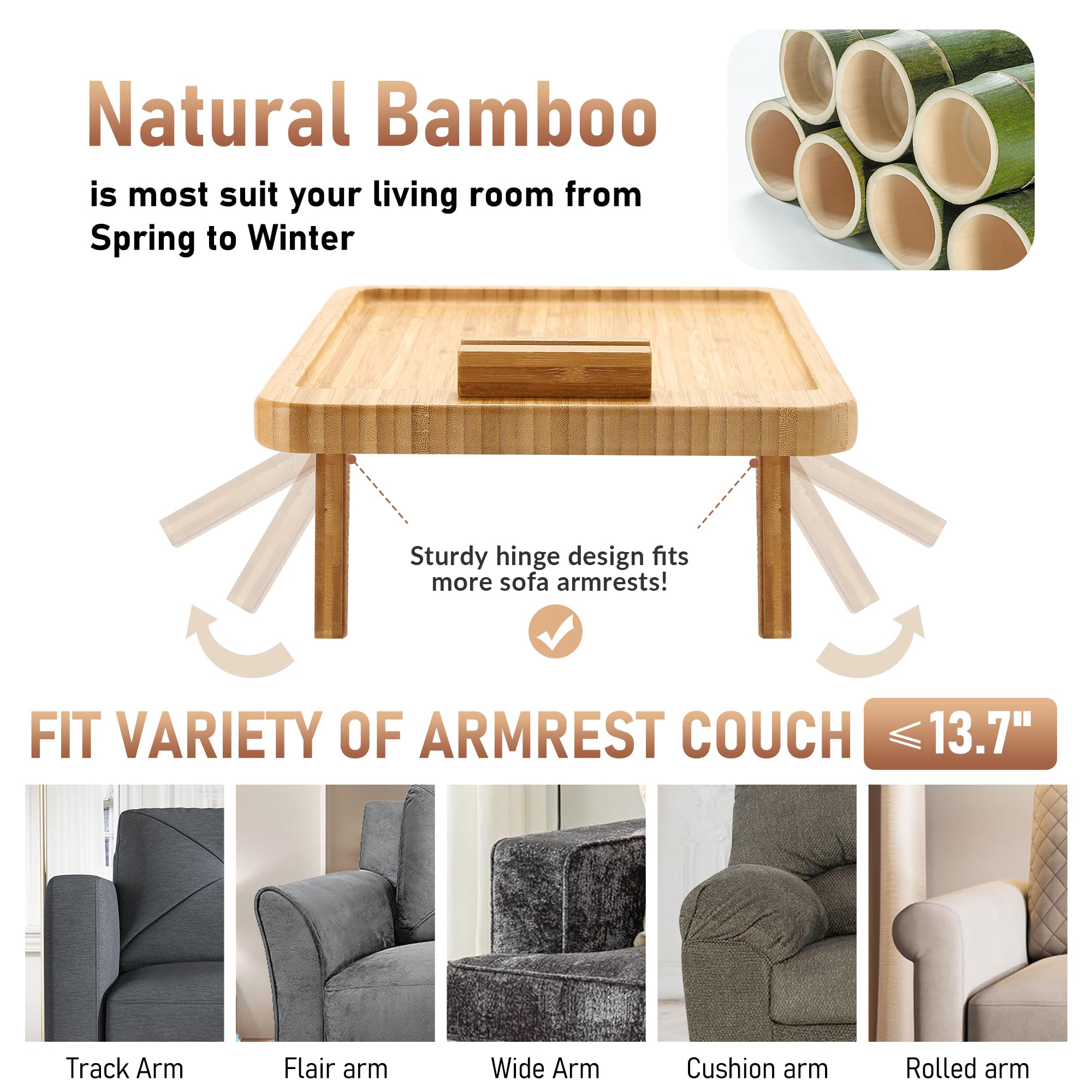Natural Bamboo Couch Tray with Flexible Silicone Strip