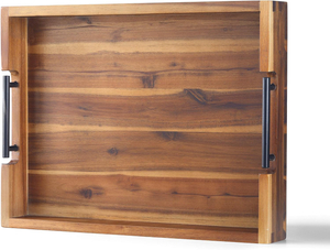 Wood Serving Tray with Black Metal Handles