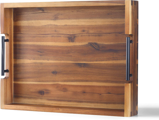 Wood Serving Tray with Black Metal Handles