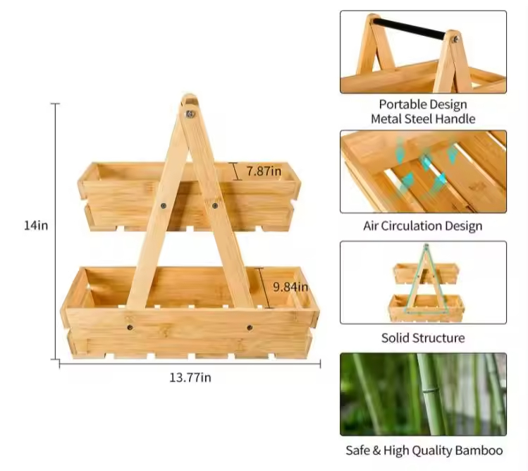 Wood Fruit Basket, Fruit Bowl, 2 Tier Bamboo Fruit Stand for Kitchen Counter Top, Large Capacity Storage Holder