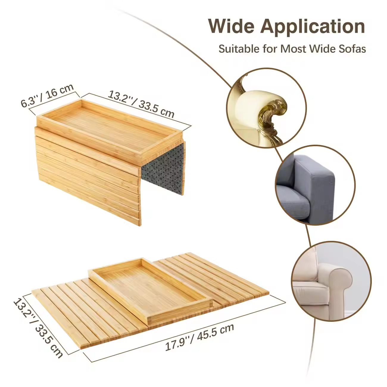 Bamboo Anti-Slip Sofa Arm Tray Table For Couch 