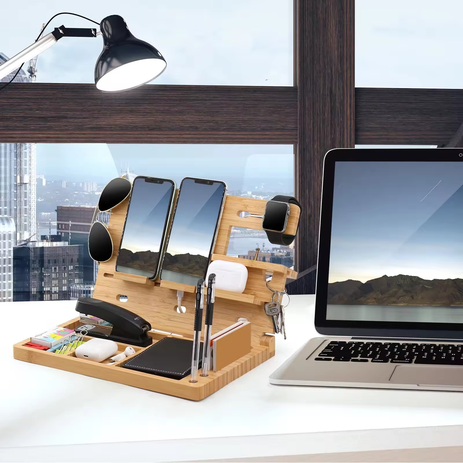Multifunction Wooden Docking Station Key Holder Watch Organizer Cell Phone Holder