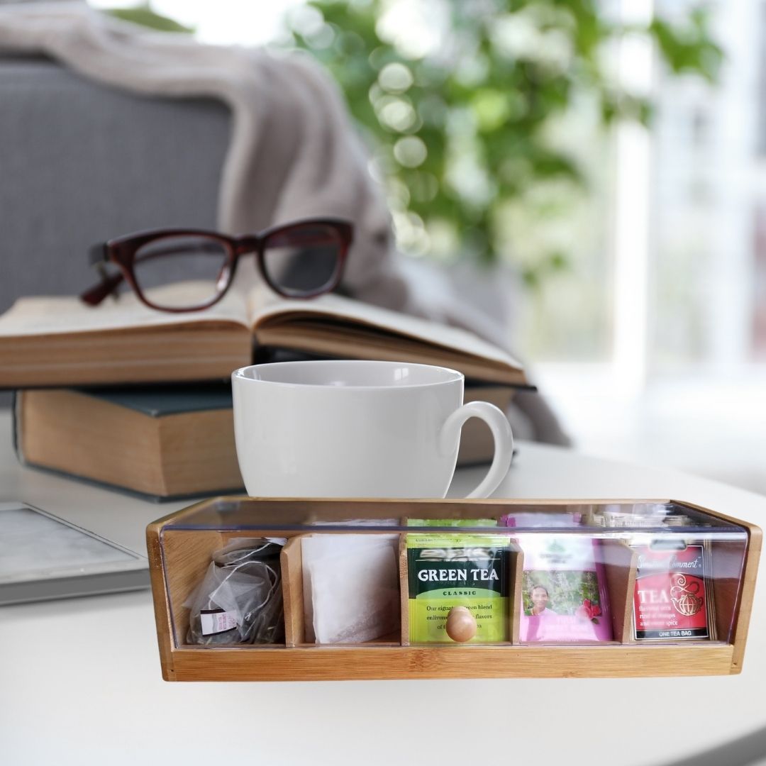 Bamboo divided clamshell tea box Wooden packaging box 5 boxes storage with transparent acrylic plate tea bag storage