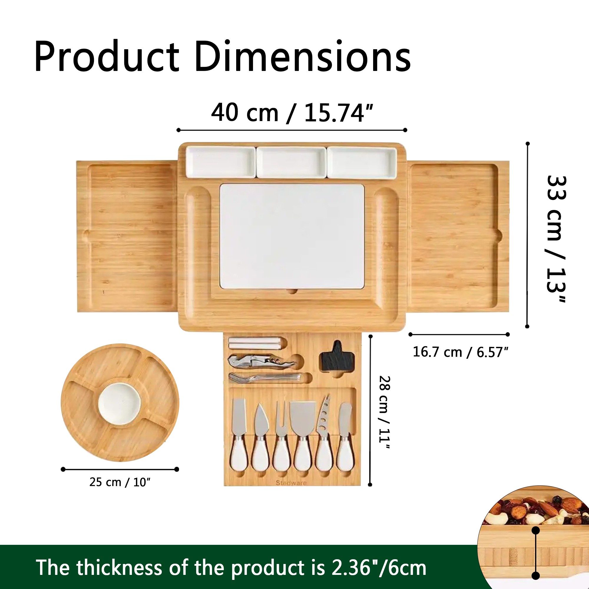 Durable Bamboo Cheese Charcuterie Board Set With Marble Meat Food Plate Gift Set With Slide-Out Drawer Knife