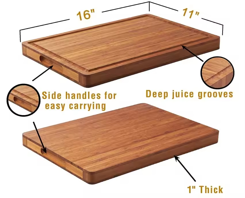 Organic Large Bamboo Cutting Board for Meat Kitchen Cheese Charcuterie Chopping Block Board with Side Handles and Juice Grooves