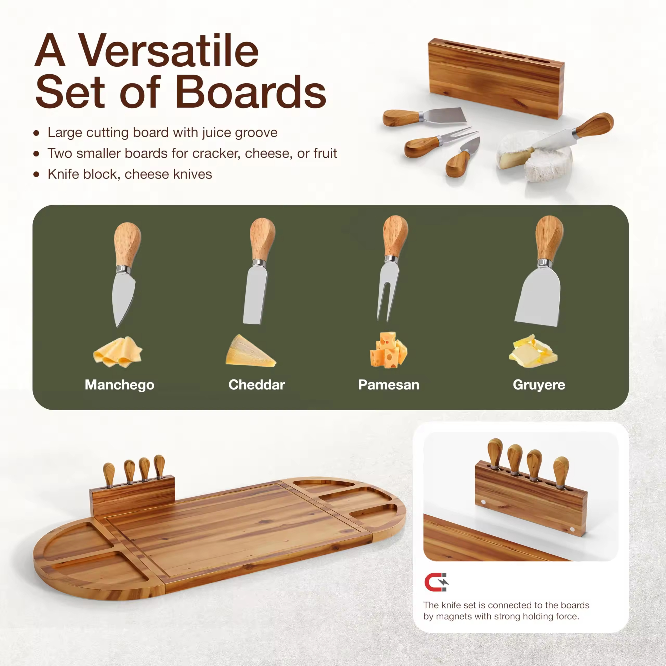 30 Inch Large Acacia Wood Charcuterie Board with 4 Knives Set, Magnetic - 3 Parts Wooden Round Tray for Cheese