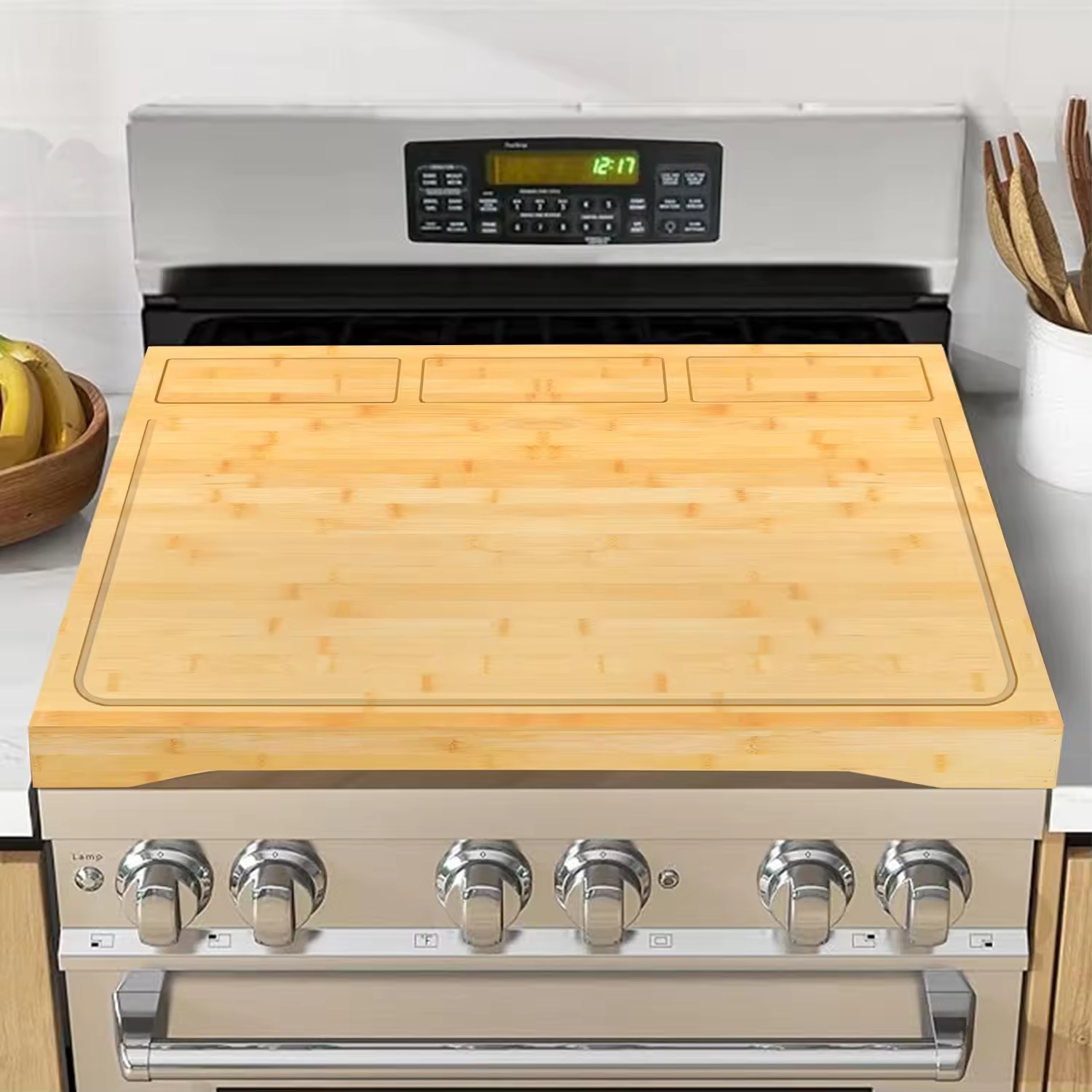 Bamboo Cutting Chopping Board Gas Stove Top Cover Board for Electric, Gas Wood Noodle Board Stove Cover With Handles